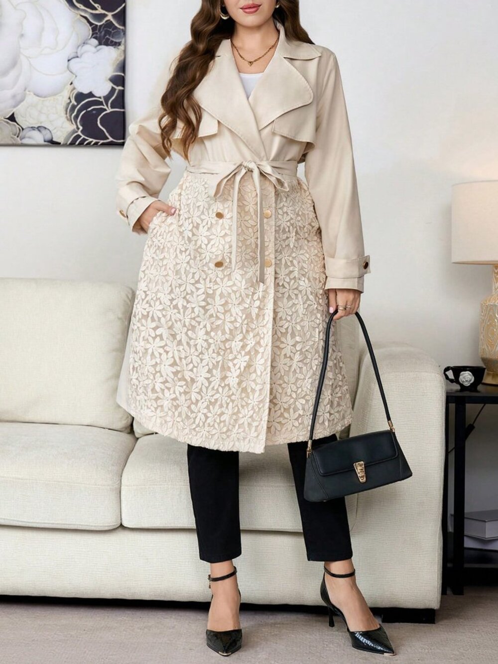 Apricot Casual Women's Elegant Plain Lapel Double-Breasted Trench Coat - Picture 7 of 7